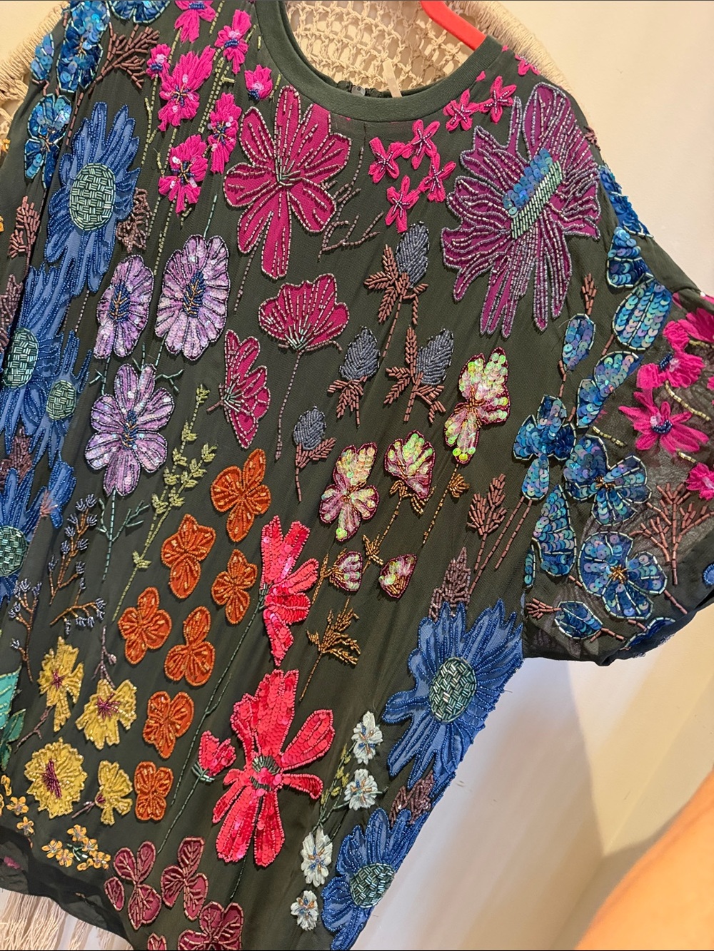 Free People Jewel Mini Dress Embroidered Beaded Black Floral Short Sleeve XL